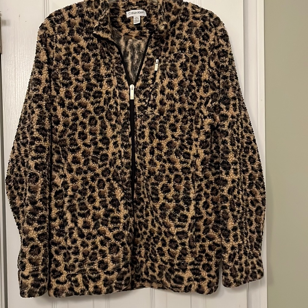 Calvin Klein Cheetah Print Zip Up Sherpa Jacket
